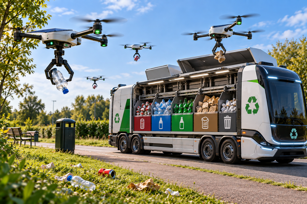 An AI generated image of a self driven electric lorry with recycling bins and drones collecting and identifying road side litter and putting it in the right bin in the van.