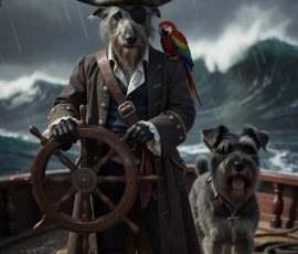 Luna again looks like a captain but the steering wheel of the board is floating and Hamish, who doesn't even look like Hamish, looks like he's Luna's pet dog. An AI generated image of a dog dressed as a pirate captain steering a ship with other dog in the image. The steering wheel is not attached to anything and the second dog looks like it's just wandered into the photo.
