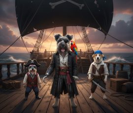 This time Luna is missing from the image, Hamish has been promoted (and looks pretty good), Isla has been dressed as first mate but instead of Luna there's a random tiny schnauzer added to the image. I don't know why. An AI generated image of dogs as pirates where it's mixed the dogs up, missed one out and made the wrong dog the captain.