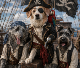 Again, the captain is wrong, Isla instead of Luna. I'm also not sure what's happening with any of these pirates bodies, two seem to have no legs and Isla is having to stand on a box. Her hook is also pointing the wrong way. An AI generated image of dogs dressed as pirates.
