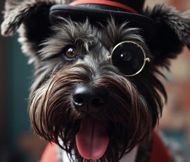 Hamish in a top hat. AI image of Hamish, my black schnauzer, wearing a top hat and a monocle