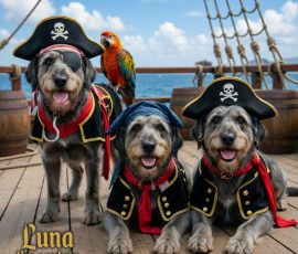 This one is hilarious. It feels like it's averaged out all the dogs and created 3 characters with averaged out features so they are identical except for the clothes they are wearing. None of them are recognisable as the dogs in my training set. An AI generated image of dogs as pirates with the words 'Luna the captain' on the image