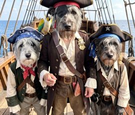 This one seems to have based all of the dogs on Luna (although one looks like a cross between a mini schnauzer and a small lurcher) and the captain has human hands. Which just looks freaky honestly. An AI generated image of 3 dogs dressed as pirates. The captain has human hands.
