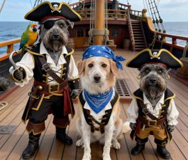 Now I did like the look of this one and I think it got the likeness of the two dogs pretty right but again it's missing a dog and has replaced Luna with Hamish - there's a tall Hamish and a mini-Hamish (who is adorable) and Isla is sitting like a dog rather than like a human, although is dressed as a pirate. And notice the 'hook for a hand'. An AI generated image of dogs dressed as pirates. Two out of three of the dogs are the same dog.