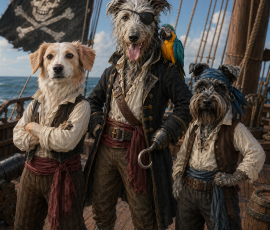 So this is now getting much more like I was hoping. Although I'm hiding various other mistakes and trial attempts that it took to get here. An image showing 3 dogs dressed as pirates.