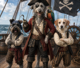 This one was nearer what I was trying to get although Luna has an extra paw. AI generated image of 3 dogs as pirates. Looks quite realistic except the captain has 5 limbs rather than 4.
