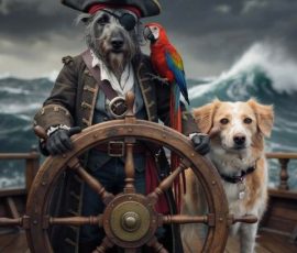 Luna, the captain looks pretty good with a patch on her eye and a parrot, but the other dog, Isla is not dressed as a pirate and looks like Luna's pet dog. AI generated photo showing a dog as a pirate caption steering the ship. There is another dog but it looks out of place, like a dog has wandered onto the ship randomly.